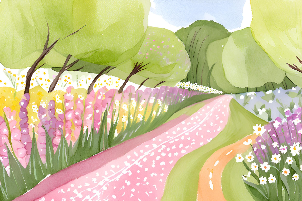 Green trees and meadows signal that spring is here. Daisies and sweet peas can also be found in this graphics.